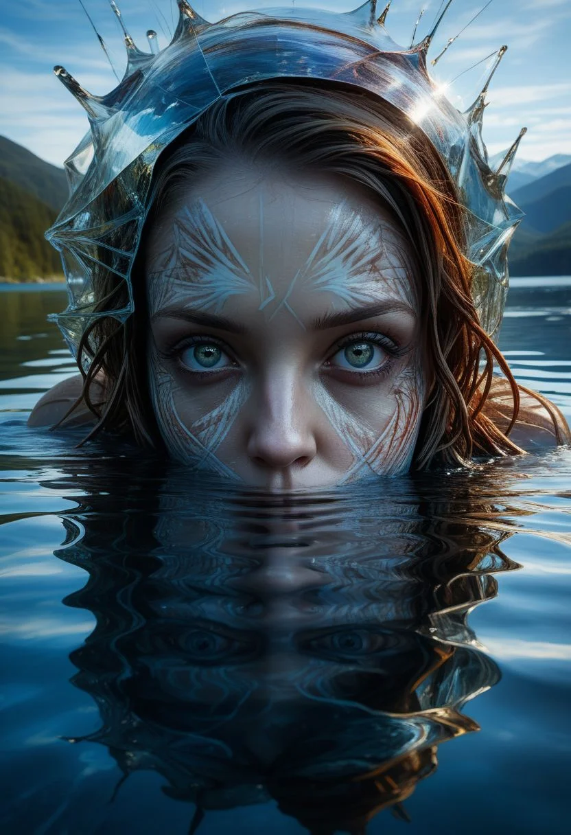 Mysterious female eyes in a lake, (only her eyes are above water-level, water reflection), goddess, alluring, by Minjae Lee, Carne Griffiths, Emily Kell, Steve McCurry, Geoffroy Thoorens, Aaron Horkey, Jordan Grimmer, Greg Rutkowski, amazing depth, double exposure, surreal, geometric patterns, intricately detailed, bokeh, perfect balanced, deep fine borders, artistic photorealism , smooth, great masterwork by head of prompt engineering <lora:add-detail-xl:2> <lora:Double_Exposure:0.5>