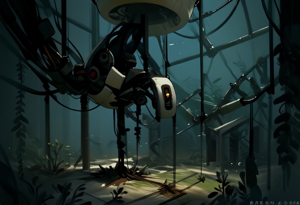 score_9, score_8_up, score_7_up, score_6_up, score_5_up, score_4_up, Original_design, Destroyed, Glados, a bunch of wires are hanging from a ceiling, general, solo, no humans, scenery, science fiction, cable, destroyed machinery, glados suspended from ceiling