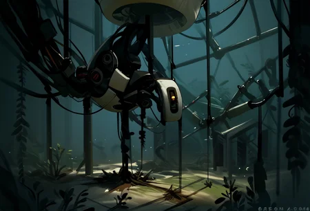 score_9, score_8_up, score_7_up, score_6_up, score_5_up, score_4_up, Original_design, Destroyed, Glados, a bunch of wires are hanging from a ceiling, general, solo, no humans, scenery, science fiction, cable, destroyed machinery, glados suspended from ceiling