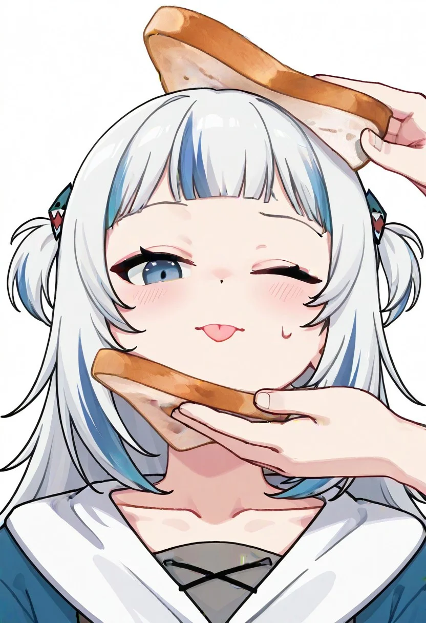 idiotsandwichalt,
1girl, 1other, gawr gura, solo focus,
holding food,
bread slice, pov hands, disembodied hand,
one eye closed,
upper body, collarbone,
blush, :p, tongue, tongue out, sweatdrop, dot nose,
white background, simple background,
looking at viewer,