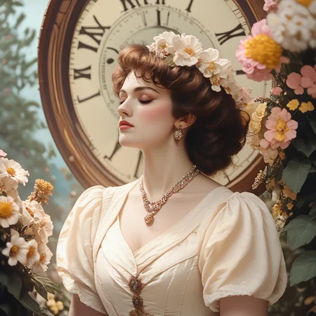 Score_9, score_8_up, score_7_up, score_6_up, <lora:1890s_Rococo_OperaPony:1> ArsMovieStill, movie still from a pastel-colored 1890s Rococo fantasy opera movie, The image shows a woman in a white dress with flowers in her hair standing in front of a clock with a tree in the background., 1girl, jewelry, solo, flower, earrings, closed eyes, bracelet, clock, dress, necklace