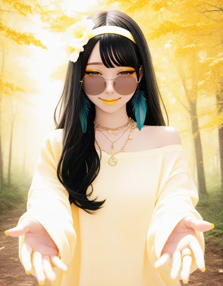 (masterpiece, best quality, ultra-detailed, absurdres, newest, detailed textures, correct anatomy:1), detailed_hands, elegant_fingers, <lora:HaneAme_ILXL:1>, haneame, asian woman, pale skin, makeup, black hair, brown eyes, long hair, streetwear, oversized clothes, sleeves past wrists, contemporary, smile, nail polish, lips, eyeshadow, yellow nails, yellow lipstick, yelow eyeliner, yellow theme, rings, <lora:re4lity:0.25>, re4lity_sync_illu, <lora:Sh1iro_S1yl3_Vo1d:0.25>, shi1ro_vo1d_illu, glitch_art, film grain, blurry, headband with a pattern, multiple layers of layered necklaces and bracelets, hippie, standing in a forest with soft sunlight filtering through the trees, dreamy and ethereal atmosphere, warm golden light, half-closed eyes, beaded necklace, peace symbol pendant, rings, upper body, feather earrings, hair flower, round eyewear, sunglasses, psycodelic, single bare shoulder, reaching towards viewer, imminent hug, outstretched arms, warm smile