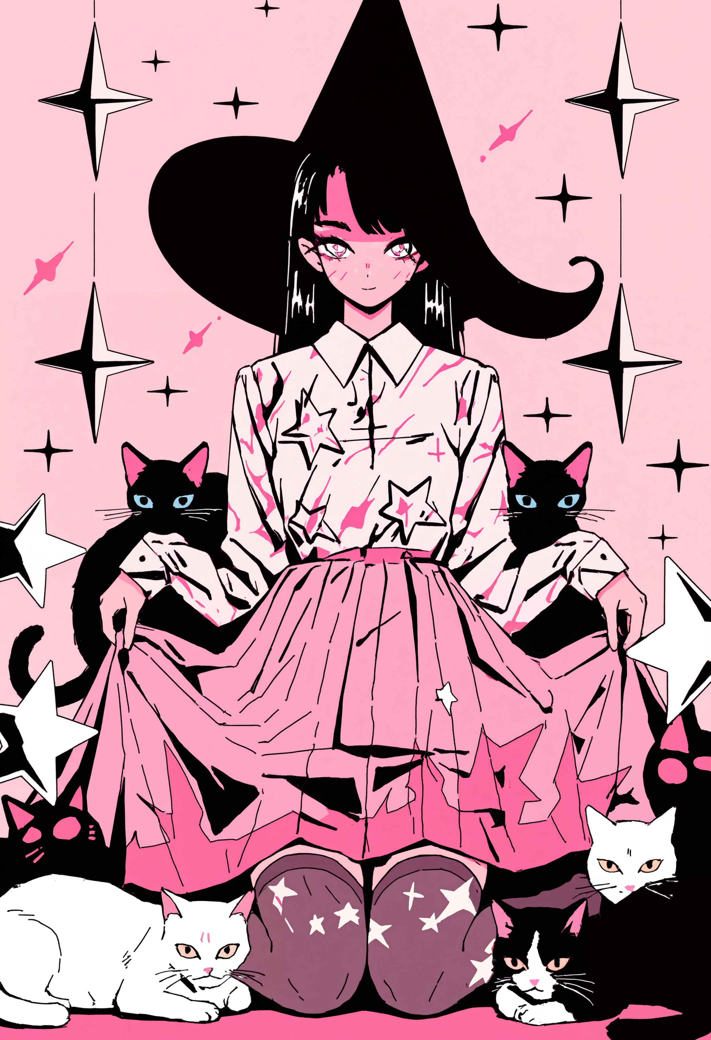 masterpiece, absurdres, newest, very awa,   limited palette, pink theme, flat color,   1girl, solo, solo focus, black hair, witch hat, collared shirt, long sleeves, star print, very long skirt, thighhighs,   skirt lift, lifted by self, multiple cats, cat under skirt, soft smile, wariza,   sparkle, pink background, straight-on,  <lora:spo_sdxl_10ep_4k-data_lora_webui>,  <lora:TA_trained:0.35>,  <lora:NOOB_EPSv1_1_detailer_by_vlnvk_v0_5>,  <lora:Arkestar:0.9>