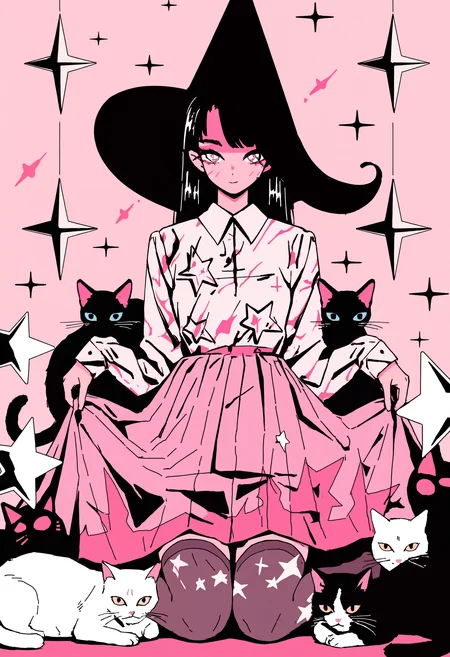 masterpiece, absurdres, newest, very awa, limited palette, pink theme, flat color, 1girl, solo, solo focus, black hair, witch hat, collared shirt, long sleeves, star print, very long skirt, thighhighs, skirt lift, lifted by self, multiple cats, cat under skirt, soft smile, wariza, sparkle, pink background, straight-on, <lora:spo_sdxl_10ep_4k-data_lora_webui>, <lora:TA_trained:0.35>, <lora:NOOB_EPSv1_1_detailer_by_vlnvk_v0_5>, <lora:Arkestar:0.9>