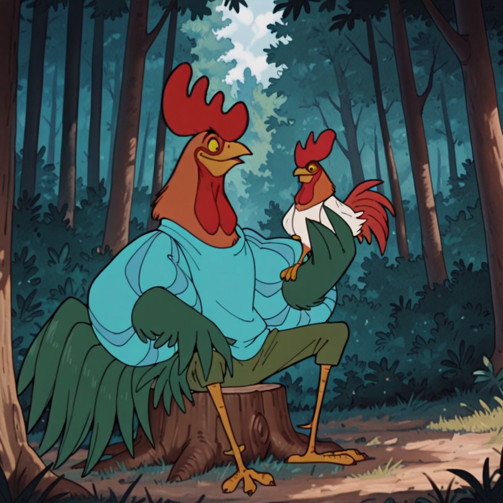 ((masterpiece, best quality, amazing quality,)) Alan-A-DaleRHil, semi-anthro, male, rooster, red comb, bird, green feathers, orange neck feathers, yellow sclera, black eyes, winged arms, blue striped shirt, puffy sleeves, green pants, green tail, sitting, on tree stump, in a forest, holding a chicken