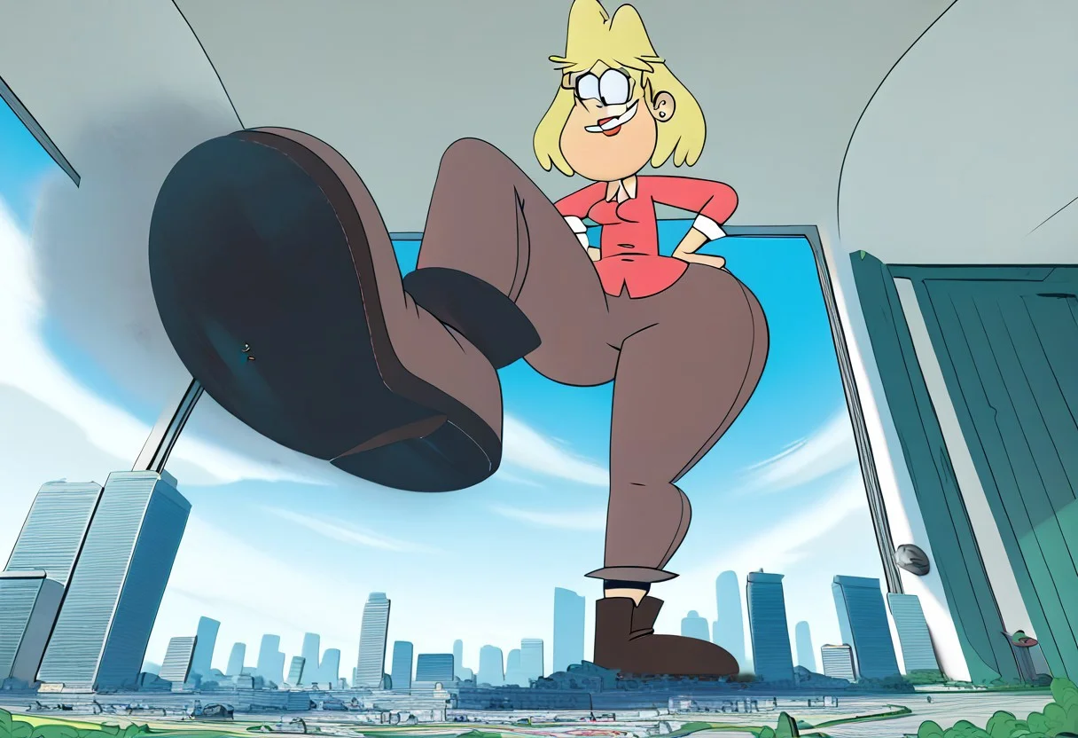score_9, score_8_up, score_7_up, 1girl, rita loud, 1girl, solo, blonde hair, short hair, earrings, jewelry, smile, lipstick, stud earrings, shirt, pants, boots, solo, big ass, huge ass, wide hips, round ass, wall of ass, hyper hips, hands on hips, bottomheavy, extremehyper, massive thighs, (high quality, high res, 4k, best anatomy:1.9), giantess, facing viewer, under foot pov, hyper hips, from below, city underneath, standing, leg up, foot focus,  indoors background, show accurate.