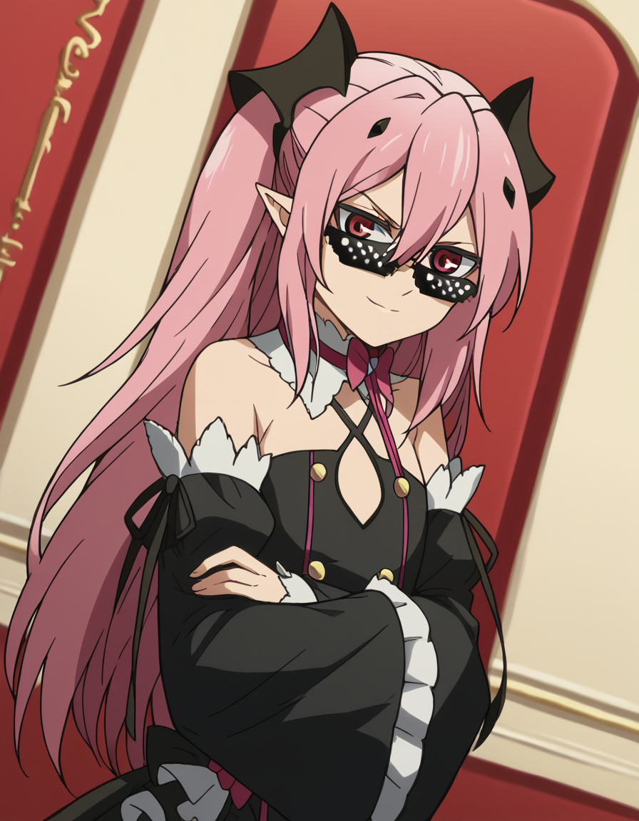 score_9, score_8_up, score_7_up, source_anime, <lora:krul-tepes-s2-ponyxl-lora-nochekaiser:1>, krul tepes, long hair, red eyes, pink hair, pointy ears, hair ornament, anime screencap, dress, bare shoulders, detached sleeves, wide sleeves, detached collar, black dress, bowtie,, wasteland, barren, dry, post apocalyptic, desolate, , <lora:deal-with-it-ponyxl-lora-nochekaiser:1> deal with it, deal with it (meme), meme, sunglasses, bed room, crossed arms, from side, smile, cowboy shot, looking at viewer,, looking at viewer, solo,, dutch angle, cowboy shot