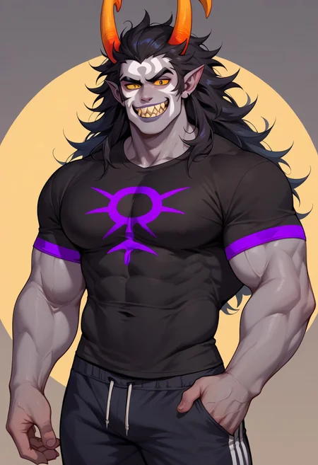 score_9, score_8_up, score_7_up, score_6_up, score_5_up, score_4_up,
1boy, solo, buff, muscular, hunky, horns, troll, grey skin, yellow sclera, purple eyes, (purple symbol) on shirt, black shirt, black sweatpants, black hair, long hair, messy hair, huge pecs, horns, smug eyes, smug grin, sharp teeth, white facepaint,