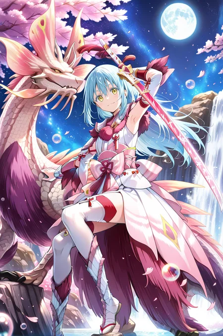 , source_anime, intricate details, masterpiece, high quality, prefect hands, best quality,, 1girl, detailed eyes , solo,,, anime coloring,cinematic lighting,
, blush
<lora:rimuru_tempest_ilxl:1> rimuru_tempest, 1girl , blue hair, yellow eyes, long hair, bangs, hair between eyes, small breast ,armpit ,
<lora:Mizutsune Armor illuXL v1:1> mizutsune armor, white detached sleeves, white thighhighs, white wataboushi, yellow sandals, white kimono , pink katana, holding pink katana , bubble , waterfall, starry sky, night sky, full moon, river, rock,, bubble , tamamitsune, eastern dragon, 1other, no humans, blue eyes, bubble, petals,cherry blossoms,
