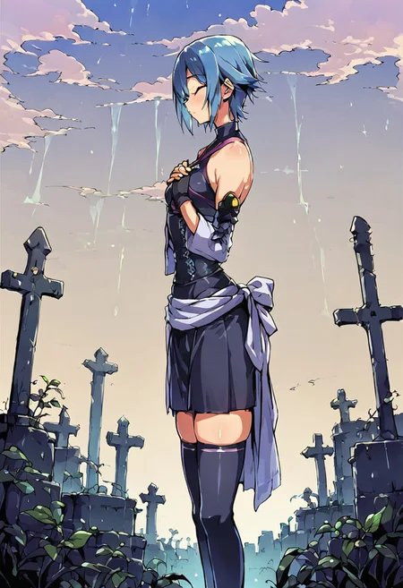 score_9, score_8_up, cowboy shot, solo focus, solo, aqua, outdoors, wide hips, narrow waist, skindentation, thigh highs, closed mouth <lora:AquaSDXL:1> , takeda hiromitsu style, solo, graveyard, praying, closed eyes, rain, outdoors, cloudy sky, leaf, ruins, sunbeam, on her knees, side view,