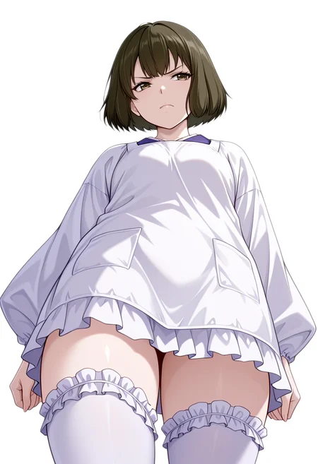 masterpiece,high quality details, absurdres,
<lora:Akira_Dojima_V2:0.8> akira_cnr,1girl, brown hair, short hair, bob cut, bangs,brown eyes,, simple background, white background, from below,solo,, scowl,envy,, peplum top ,kappougi,sweatpants, ,frilled thighhighs,