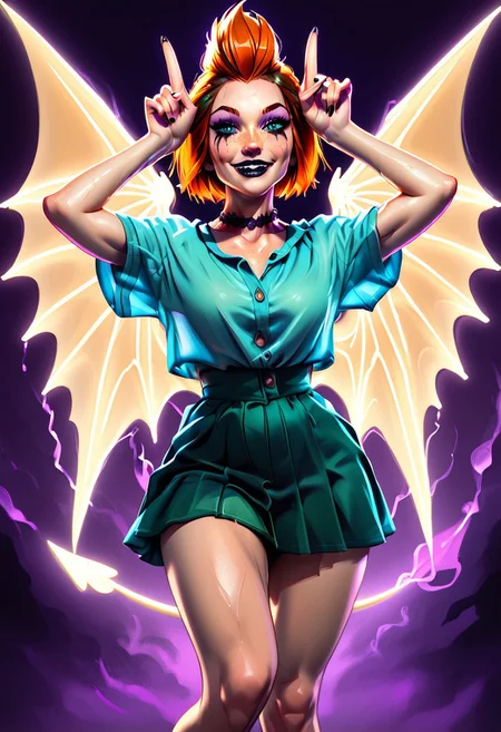 highres,score_9, score_8_up, score_7_up,, score_6_up, perfecteyes, naughty traditional art,rating_questionable, zPDXL, (((26years old))), (4k quality, masterpiece):1.4),( best quality:1.1), a demon, blue eyes, cute face, freckles, h0rn pose long legs, full body shot, in overalls dress, green sports-bra, short skirt, lace choker, black lipstick, purple eyeshadow, eyeliner, runny mascara, smile, transparent red wings,n30nw1ngs, neon light wings,
two-tone (copper, ginger)hair, mohawk hair, muscular, curvy, sweaty skin, thighs
BREAK.
I'm an enchanted forest, oddly colorful mushroom, bright flowers,
Break.
1ly4,
detailed skin, 8K, cinematic lighting, volumetric lighting, zPDXL, abv, 1dk, portrait, d3t41l3d, zPDXL2, perfecteyes,