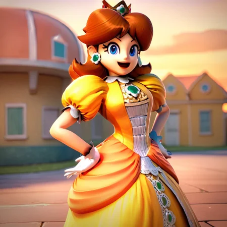 score_9, score_8_up, score_7_up, 3d, highres, best quality, high quality, 1girl, solo, gloves, princess daisy, brown hair, short hair, blue eyes, crown, jewelry, earrings, yellow dress, puffy sleeves, smile, open mouth, hands on hips, cowboy shot, outdoors, sunset