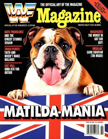 Matilda the bulldog, on the cover of the official magazine of the WWF, with large text at the bottom "MATILDA-MANIA" in a union jack fill font.