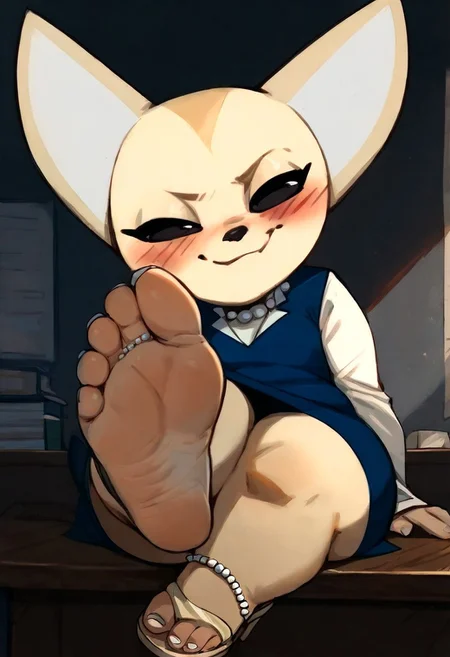 (score_9, score_8_up, score_8, score_7_up, score_7, score_6_up, score_6, score_5_up, Score_5 , solo , girl, cute , 1girl, fenneko , shortstack , thick thighs , pearl anklets , pearl necklace , cute eyelashes , 1girl , gown , head tilt , smug , blush , narrowed eyes , sitting on desk, posing , halfbody portrait , front view ,1girl, solo , close up foot focus , close up foot fetish , presenting feet , white toenails , sexy high heels sandals , sexy feet , bodacious cute feet , juicy feet , pov feet worship , beautiful bright vivid office) angelyeah
