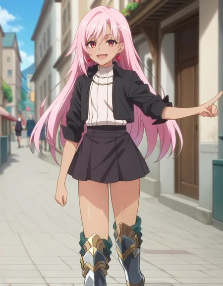 score_9, score_8_up, score_7_up, source_anime, BREAK
1girl, solo, looking at viewer, blurry background, outdoors, full body, fantasy world, 15th century, old buildings, market,
liz smart, dark skin, long hair, straight hair, pink hair, red eyes, heart earrings,
date outfit, black jacket, white shirt, medium sleeves, black skirt, armored boots,
happy, pointing at another, walking,
<lora:liz_smart_anime-soralz:1>