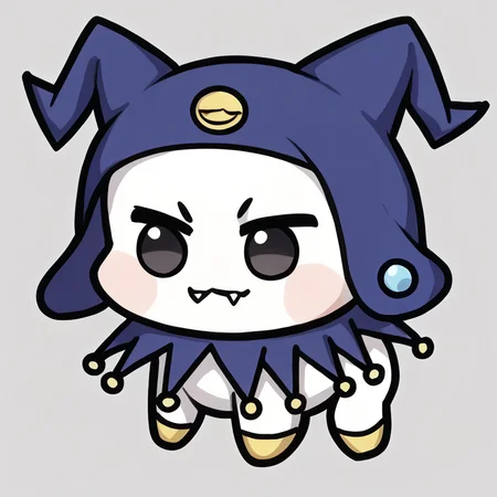score_9, score_8_up, score_7_up, source_anime BREAK solo, no humans, <lora:Jack-Frost-pdxl_Fp-000006:1>, jackfrostsmt, creature, white skin, solid oval eyes, :d, fangs, jester cap, <lora:Doro_X_PDXL_V1:1>, doro, creature, :3, chibi, four legs, solid circle eyes, no pupils, black eyes