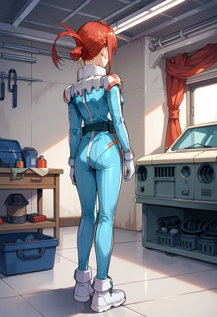 score_8, score_8_up, score_7_up, source_cartoon, 1girl, solo, female focus, alma_CF, red hair, short hair with long locks, sidelocks, single hair bun, hair ornament, floating hair, ponytail, small breasts, normal suit, pilot suit, utility belt, white gloves, ankle boots, white footwear, indoors, garage, standing, arms at side, from behind