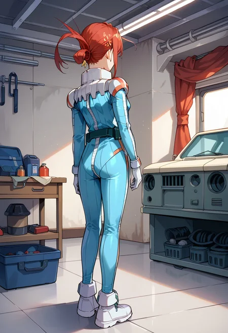 score_8, score_8_up, score_7_up, source_cartoon, 1girl, solo, female focus, alma_CF, red hair, short hair with long locks, sidelocks, single hair bun, hair ornament, floating hair, ponytail, small breasts, normal suit, pilot suit, utility belt, white gloves, ankle boots, white footwear, indoors, garage, standing, arms at side, from behind