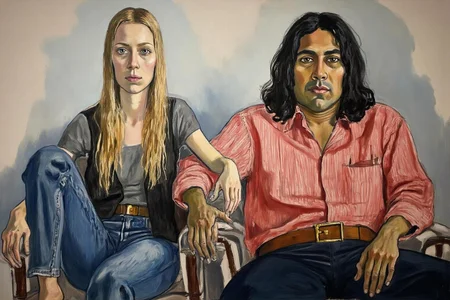 aliceneel2 painting.
Two individuals with intertwined hands sit closely together. On the left is a thin woman with long, straight blonde hair and wears a grey top with a black vest and blue jeans. Her legs are up on the chair. On the right sits a man with shoulder-length dark hair and wears a red and white striped shirt with a brown belt and dark pants. They are both looking directly at the viewer. The background is soft, muted colors. <lora:aliceneel2_d8a4:1.0><lora:866284514345785554:0>