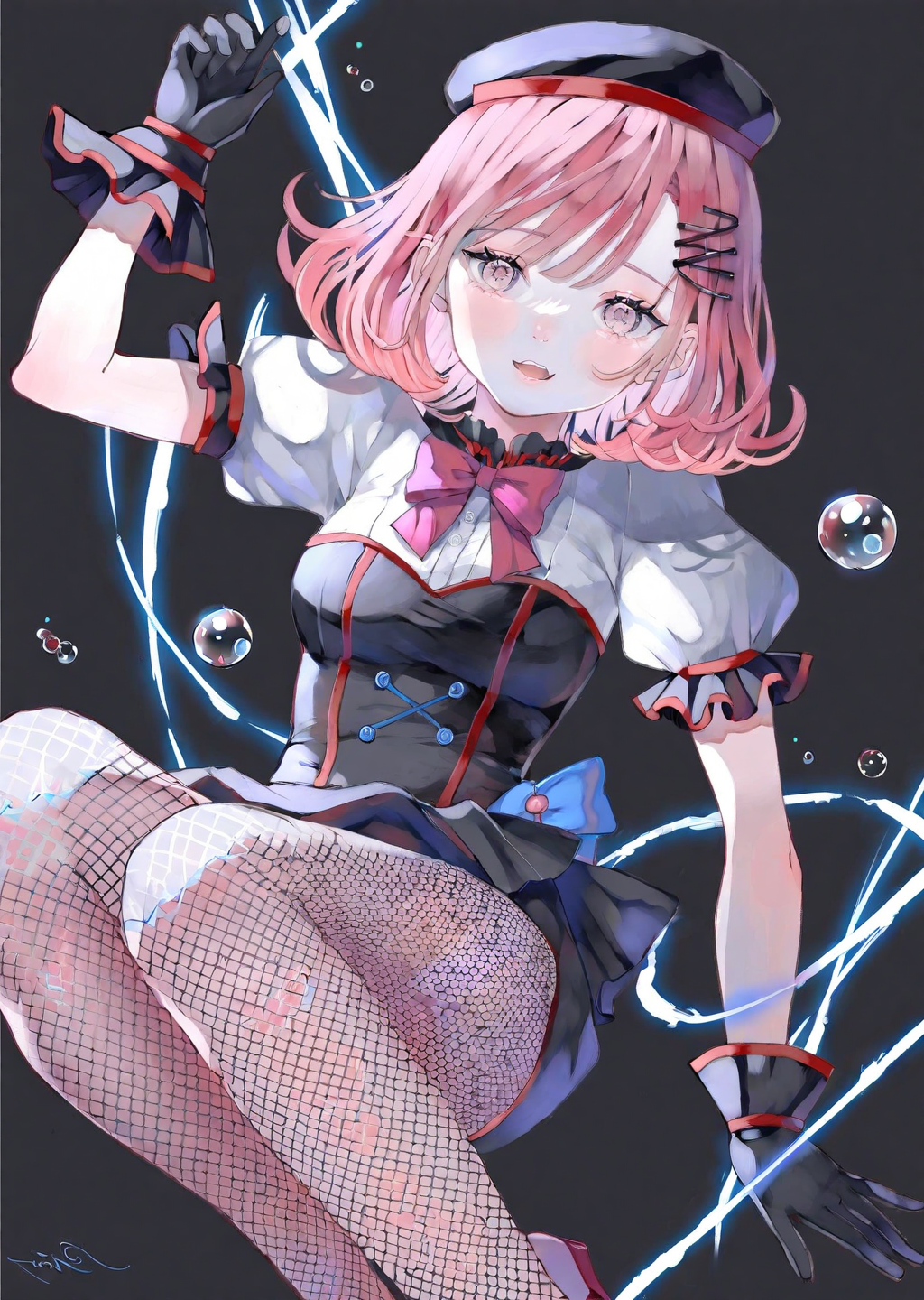 (by poire)
1girl, solo, holding, fishnets, pink hair, fishnet pantyhose, gloves, hair ornament, pantyhose, pink eyes, smile, medium hair, black gloves, open mouth, bangs, black background, detached sleeves, hat, hairclip
best quality, masterpiece,