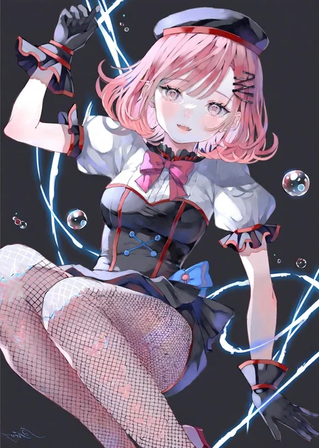 (by poire)
1girl, solo, holding, fishnets, pink hair, fishnet pantyhose, gloves, hair ornament, pantyhose, pink eyes, smile, medium hair, black gloves, open mouth, bangs, black background, detached sleeves, hat, hairclip
best quality, masterpiece,