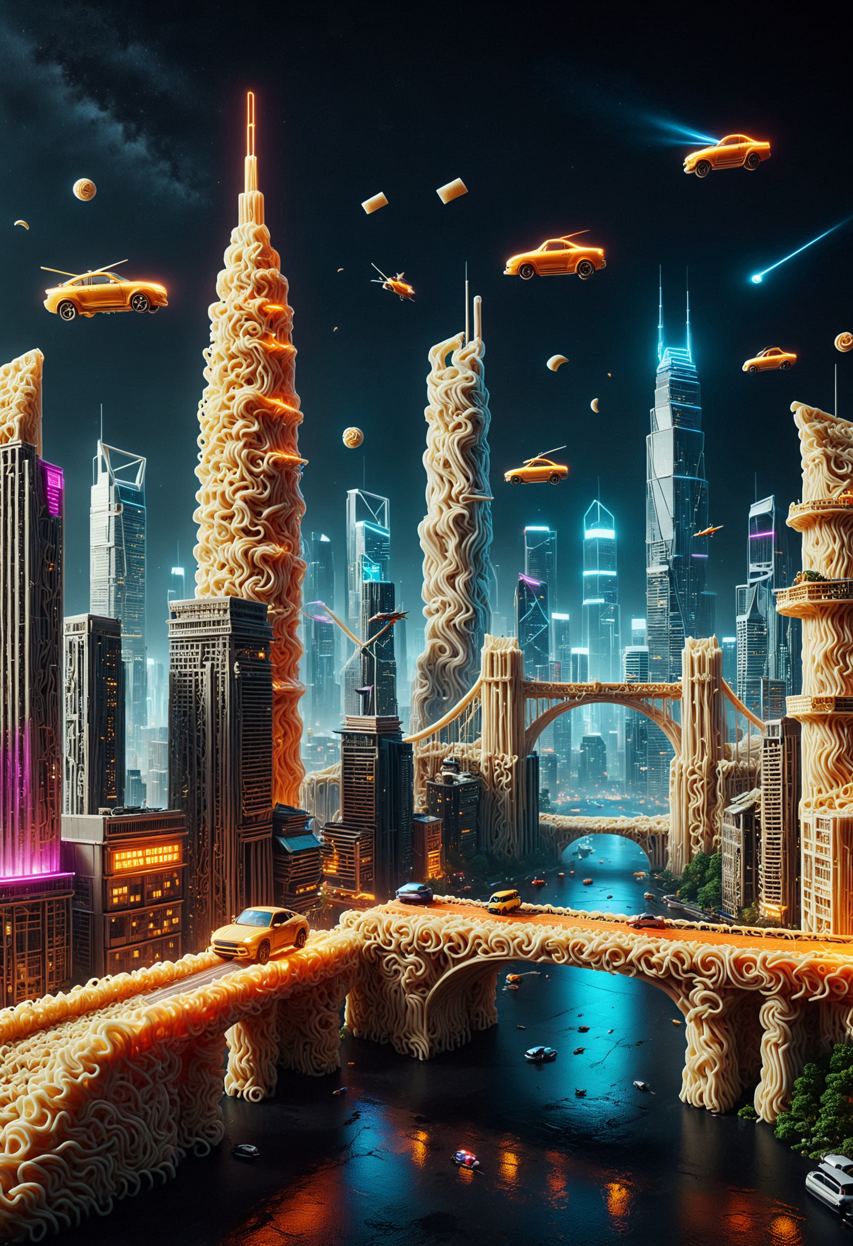 a futuristic cityscape with towering buildings made out of noodles, a sleek bridge, neon lights, flying cars, and a bustling crowd. High-tech, vibrant, neon-lit, dynamic, crowded, modern architecture, advanced technology, <lora:PinkieNdlsSDXL:1>, p1nkn00dles,