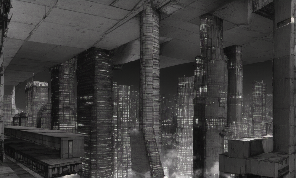 vast scenery, empty, city ruins, cables, tubes, clouds, smoke, megastructures, dystopian minimalistic buildings, (best quality:1.3), monochrome, grayscale, <lora:blame5:1>,  g-pen sketches, rough outline, detailed shadow