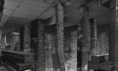 vast scenery, empty, city ruins, cables, tubes, clouds, smoke, megastructures, dystopian minimalistic buildings, (best quality:1.3), monochrome, grayscale, <lora:blame5:1>,  g-pen sketches, rough outline, detailed shadow
