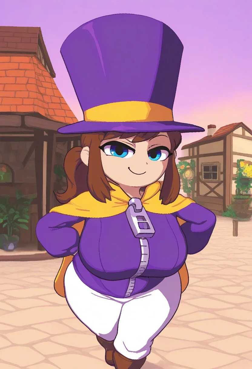 1girl, NamakoStyle, solo,ccgirl,brown hair,sidelocks,short ponytail,blue eyes, purple top hat,purple jacket,yellow cape,zipper pull tab,white pants,brown footwear, shortstack, thick thighs, wide hips, looking at viewer, smile, large breasts, dynamic pose, outdoors, summer, colorful town, smug,