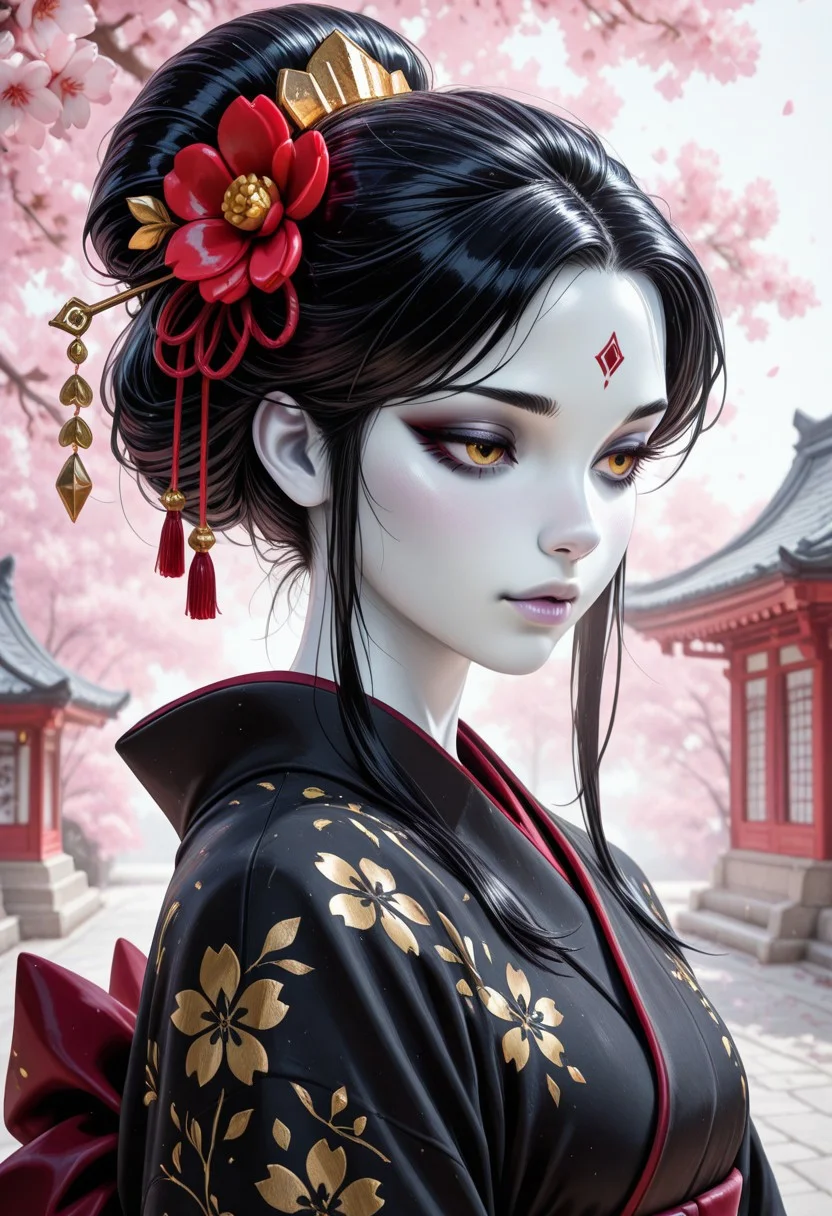 high_quality, highres, detailed, (masterpiece, best quality:1.2), absurdres, 8k, HDR, Jeddtl02, (colored skin, white skin:1.2), black hair, detailed lips, soft lips, white lips, elegant kimono, black kimono, floral embroidery, cherry blossoms, traditional hair ornament, serene expression, ink style background <lora:DetailerILv2-000008:1>