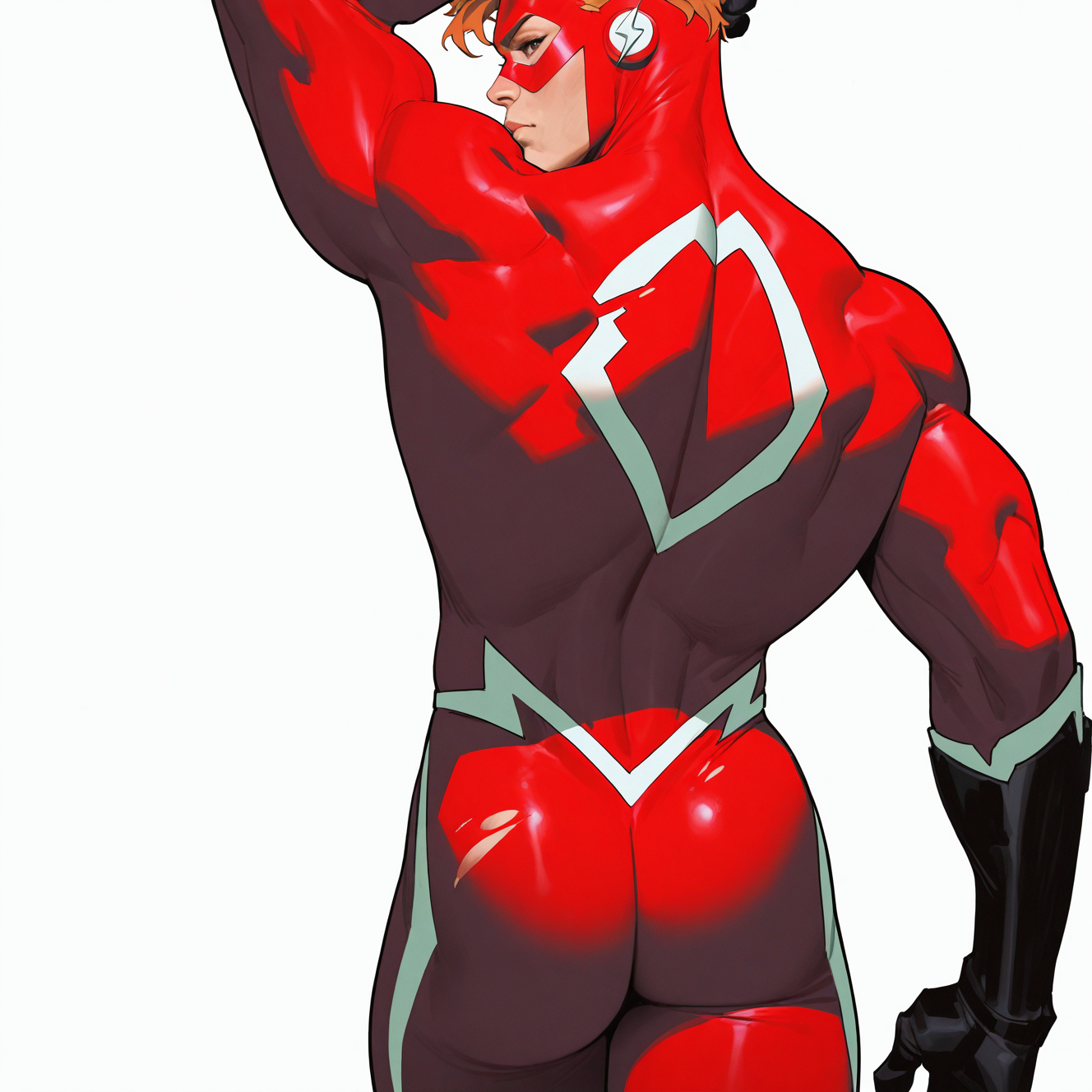 <lora:WALLY_WEST:1>wally_west, solo, short hair, simple background, blonde hair, brown hair, white background, 1boy, closed mouth, male focus, ass, cowboy shot, looking back, from behind, orange hair, arm up, torn clothes, muscular, mask, bodysuit, back, muscular male, skin tight, toned, arm behind head, toned male, superhero, red bodysuit, domino mask, torn bodysuit, spandex, two-tone bodysuit, gloves, standing, realistic, multicolored bodysuit, detailed background, motion blur, film grain, abstract, natural lighting, fantasy, cinematic, dynamic view, very awa, masterpiece, best quality, absurdres, newest, perfect quality, detailed background, intricate details, (artist:fl \(l-fl\):0.7), (artist:tooboshoo:0.7), (artist:dizdoodz:0.8)