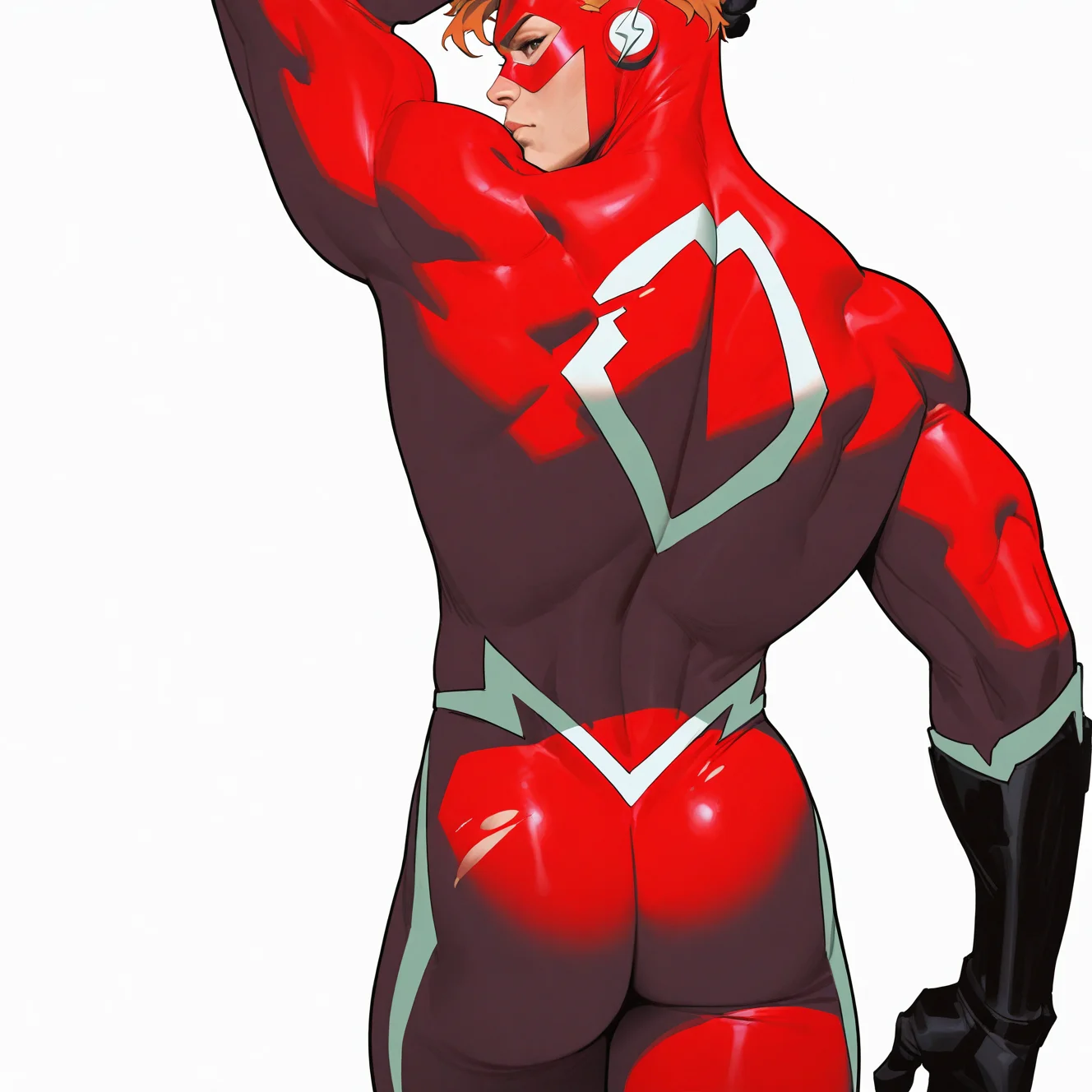 <lora:WALLY_WEST:1>wally_west, solo, short hair, simple background, blonde hair, brown hair, white background, 1boy, closed mouth, male focus, ass, cowboy shot, looking back, from behind, orange hair, arm up, torn clothes, muscular, mask, bodysuit, back, muscular male, skin tight, toned, arm behind head, toned male, superhero, red bodysuit, domino mask, torn bodysuit, spandex, two-tone bodysuit, gloves, standing, realistic, multicolored bodysuit, detailed background, motion blur, film grain, abstract, natural lighting, fantasy, cinematic, dynamic view, very awa, masterpiece, best quality, absurdres, newest, perfect quality, detailed background, intricate details, (artist:fl \(l-fl\):0.7), (artist:tooboshoo:0.7), (artist:dizdoodz:0.8)