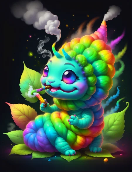 <lora:ChalkDustStyleSDXL:0.7> chibi, adorable, a caterpillar smoking a leaf hookah in the style of chalkdust, rainbow iridescent colors, magical, fantasy, 8k, concept art, digital art, high quality, highly detailed