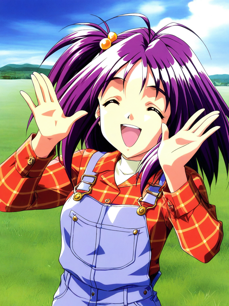 general,highres, ultra-detailed,very aesthetic,best quality ,best hands, BREAK <lora:Kotobuki_Miyuki_Tokimeki_Memorial2_IS:1>
Kotobuki_Miyuki(Tokimeki_Memorial2), 1girl, solo, bangs, purple hair, short hair, brown eyes, antenna hair,ãshort,
overalls,  hair bobbles, hair ornament, 
smile, one side up, shirt, plaid, short hair, plaid shirt, ^_^, happy,
grass, sky, day,