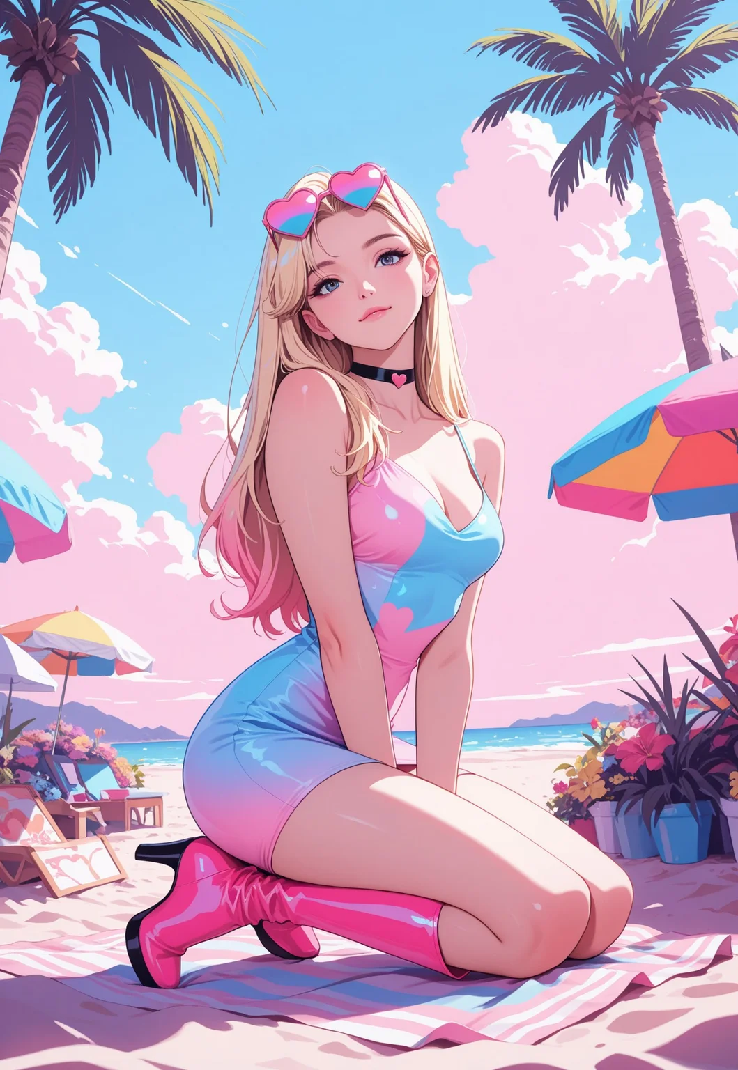 masterpiece, best quality, 8k, highres, anime coloring, pastel colors, vibrant colors, neon aesthetic, 90s miami aesthetic, 1girl, solo, long hair, blonde hair, black highlights, windswept hair, hair behind ear, loose hair strand, pink sunglasses, heart-shaped sunglasses, choker, neon dress, split color dress, short dress, tight dress, sleeveless dress, pink boots, high heel boots, fashionable, posing, kneeling, confident expression, head tilt, urban, palm trees, multicolored parasol, beach, daytime, sunny, clear sky, pastel sand, colorful, bright lighting, high contrast, fashion shoot, fashion model, summer, looking at viewer, eye-level view