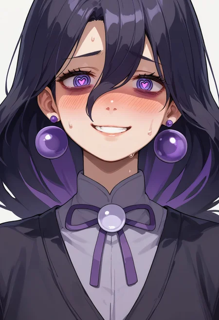score_9,score_8_up,score_7_up,score_6_up,<lora:hex_maniac_pokemon_legends_z-a_pdxl_goofy:1> hex maniac plza,1girl, bags under eyes, black hair, blush, close-up, double-parted bangs, earrings, hair between eyes, heart, heart-shaped pupils, jewelry, multicolored hair, nervous smile, purple eyes, purple hair, ringed eyes, smile, solo, sweat, symbol-shaped pupils, two-tone hair