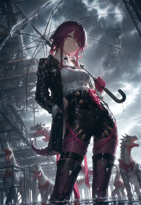 (guweiz, konya karasue, dino \(dinoartforame\):1.2), cinematic shot,
masterpiece, best quality, absurdres, highres,
(dynamic angle), dutch angle, perspective, from below, long shot,
1girl, (solo:1.2), kafka \(honkai: star rail\), holding transparent umbrella, looking at viewer, smug, head tilt, tall, narrow waist, contrapposto,
grey sky, storm, rain, water drop,
indoors, detailed background, sidelighting,
usnr,
