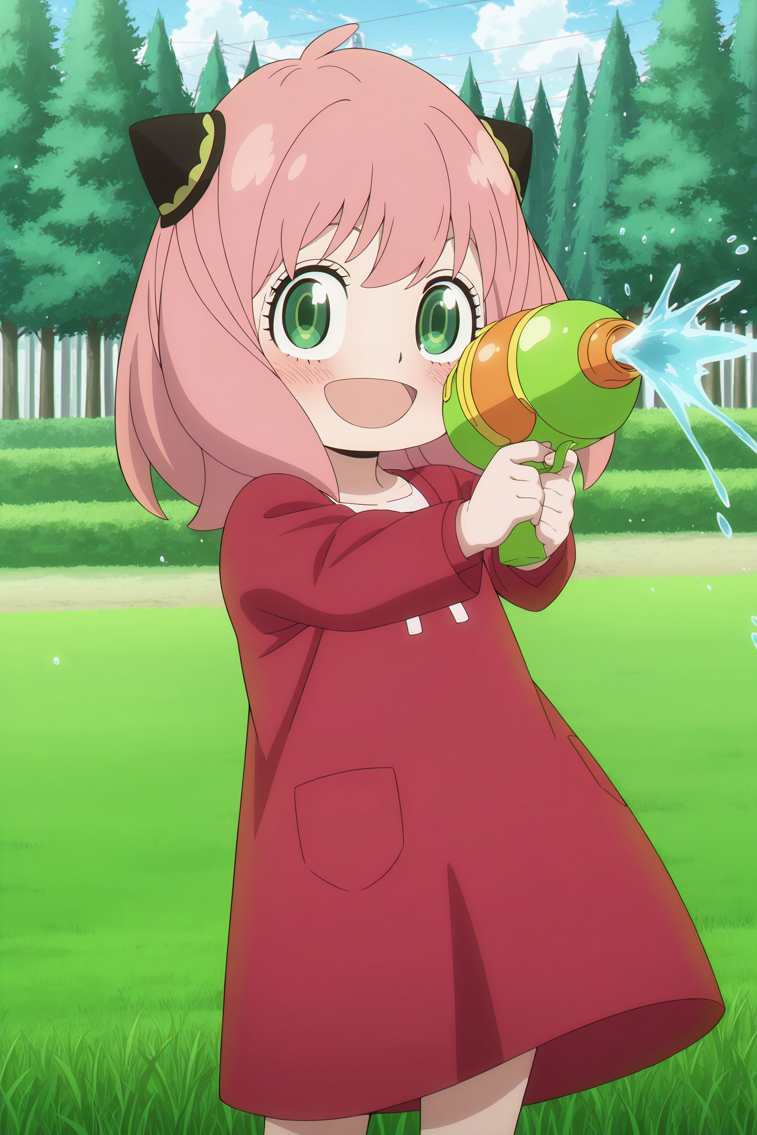 anime screencap, anime coloring, detailed face, masterpiece, best quality, very aesthetic, absurdres, volumetric lighting, official style, amazing quality, ultra detailed,  highres, amazing quality, scenery, beautiful detailed hair, beautiful detailed eyes,
<lora:Anya_Forger_Spy_x_Family:1>
<lora:StS-Illustrious-Detail-Slider-v1.0:4>
outside, grass, trees, sky,
Anya red dress (outfit), Anya Forger (character), 1girl, anya (spy x family), child, green eyes, solo, pink hair, hairpods, holding, water gun, open mouth, smile, dress, red dress, looking at viewer, blush, cowboy shot, aiming green water gun at viewer, water spray, POV