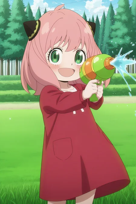 anime screencap, anime coloring, detailed face, masterpiece, best quality, very aesthetic, absurdres, volumetric lighting, official style, amazing quality, ultra detailed,  highres, amazing quality, scenery, beautiful detailed hair, beautiful detailed eyes,
<lora:Anya_Forger_Spy_x_Family:1>
<lora:StS-Illustrious-Detail-Slider-v1.0:4>
outside, grass, trees, sky,
Anya red dress (outfit), Anya Forger (character), 1girl, anya (spy x family), child, green eyes, solo, pink hair, hairpods, holding, water gun, open mouth, smile, dress, red dress, looking at viewer, blush, cowboy shot, aiming green water gun at viewer, water spray, POV