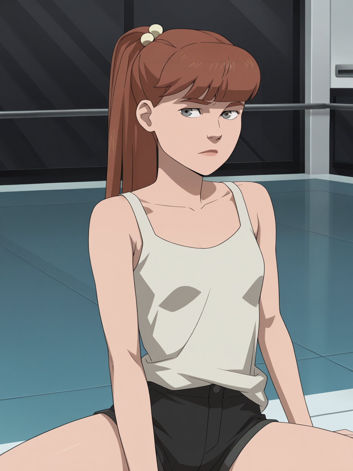 <lora:monster_girlIL:0.9> m_g, 1girl, brown ponytail hair, bangs, hairpin, small body, skinny body, grey eyes, sitting on splits