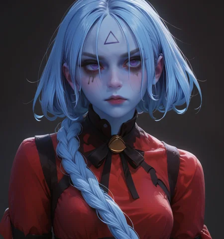 score_9, score_8_up, score_7_up,
v1nd1ct4, 1girl, blue skin, purple eyes, blue hair, black eyeshadow, triangle forehead, long braid, red cape, black dress, no background