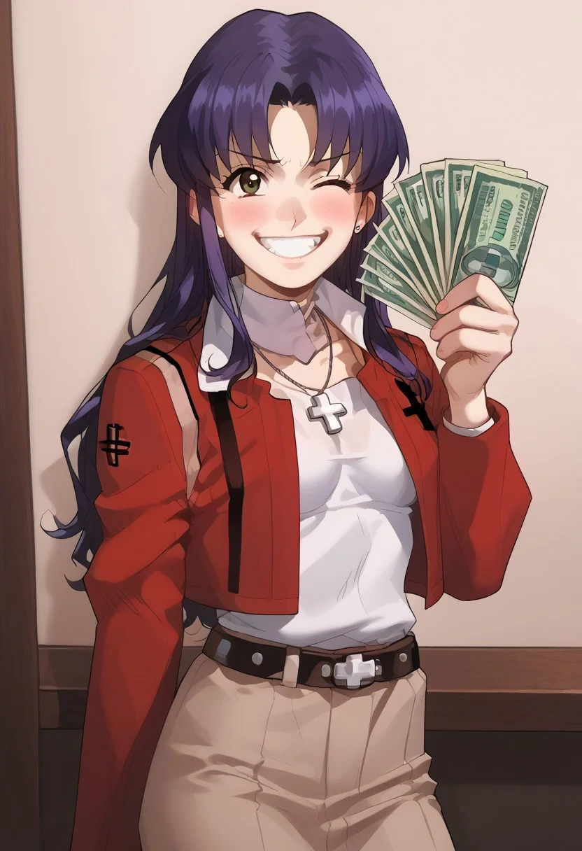 abbystea style, score_9, score_8_up, score_7_up, source_anime, rating_explicit, misatokatsuragi, misato katsuragi, long hair, brown eyes, purple hair, parted bangs, a lot of jewelry, jacket, belt, straps, necklace, cross, cross necklace,  evil smile, wide smile with teeth, cowboy shot, looking at viewer, solo, gangstersb, thumbs up, one eye closed, grin, smile, money, holding money, portrait, cropped torso, indoors, in misato katsuragi flat, 
BREAK,
1boy, shinji, sad shinji on background, shinji sad, shinji blushy,