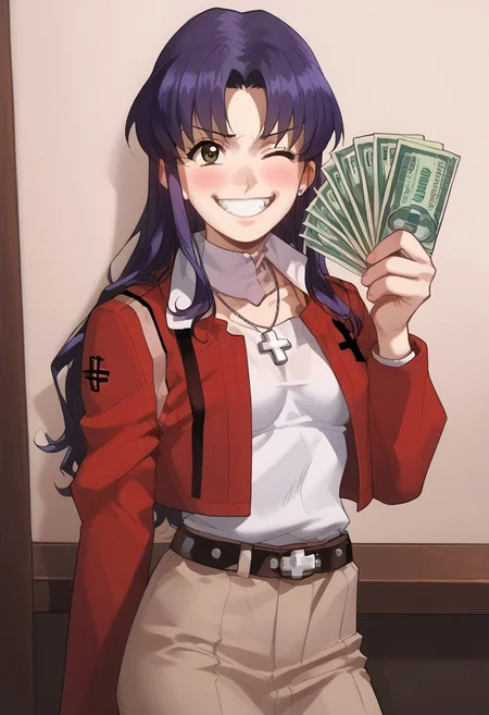 abbystea style, score_9, score_8_up, score_7_up, source_anime, rating_explicit, misatokatsuragi, misato katsuragi, long hair, brown eyes, purple hair, parted bangs, a lot of jewelry, jacket, belt, straps, necklace, cross, cross necklace,  evil smile, wide smile with teeth, cowboy shot, looking at viewer, solo, gangstersb, thumbs up, one eye closed, grin, smile, money, holding money, portrait, cropped torso, indoors, in misato katsuragi flat, 
BREAK,
1boy, shinji, sad shinji on background, shinji sad, shinji blushy,
