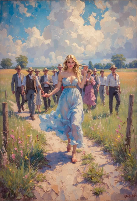 masterpiece, impressionism, Camille Pissaro style, oil painting, scene of a girl playing a flute and leading a crowd of men down a dirt path, beautiful blond 22 year old girl as with platinum blonde hair, she is wearing a blue dress with a red had, she is playing the flute while skipping, BREAK,
girl is surrounded by a group of men that is hypnotized by her music, they follow closely behind her down the dirt road, BREAK, it is mid day, dark clouds, soft light, soft shadows, fields and hills in background, uncensored, high definition, best quality, 8k, warm light style