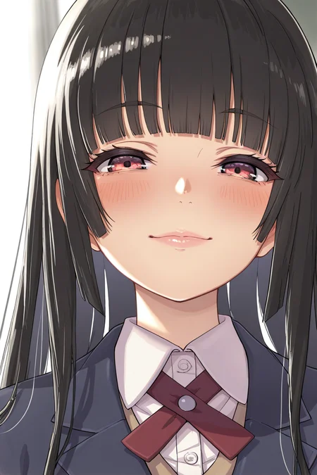 masterpiece, best quality, amazing quality,
 <lora:Kuensan_IL:1> kuensan, 1girl, school uniform, solo, long hair, bangs, looking at viewer, smile, shirt, hime cut, jacket, blazer, blush, collared shirt, lips, blunt bangs, portrait