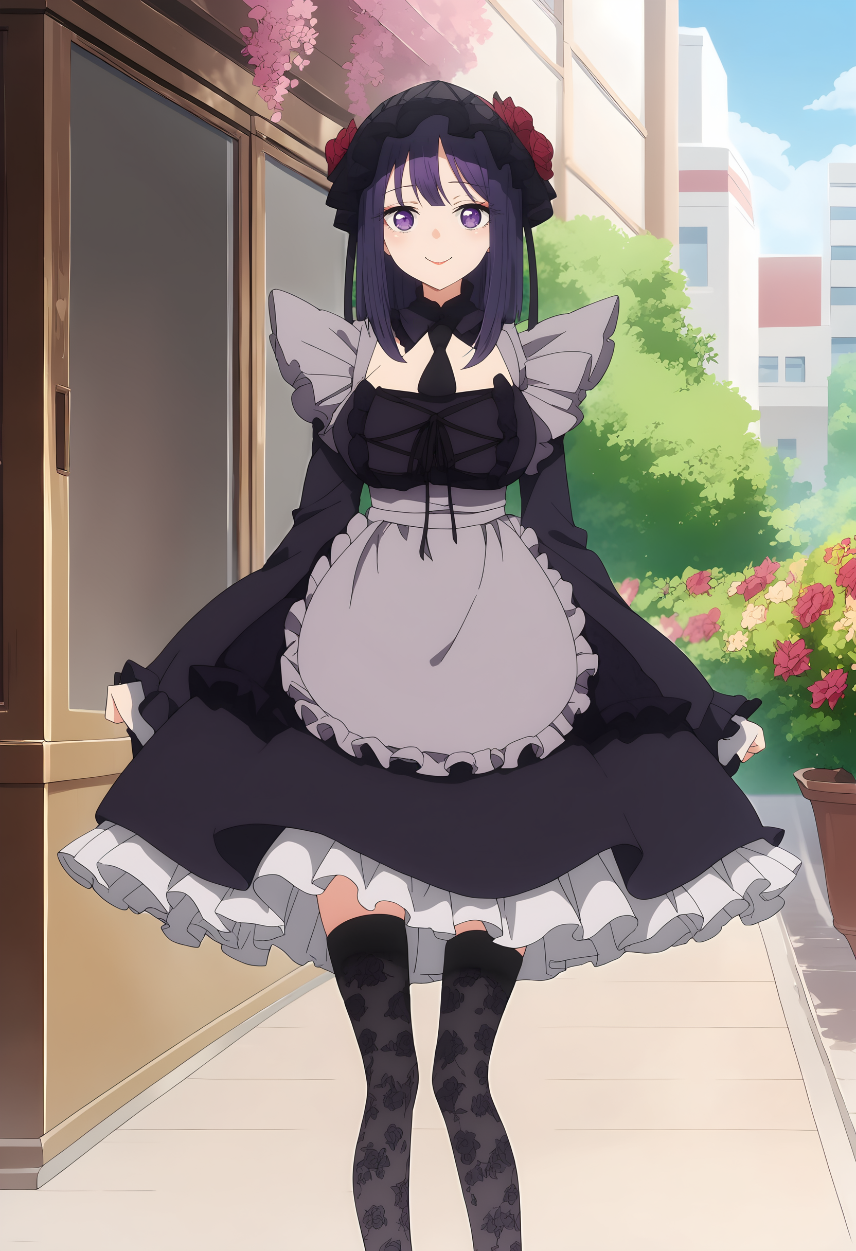 (score_9, score_8_up, score_7_up), (masterpiece, best quality, very aesthetic, ultra detailed, source anime, anime, intricate details), <lora:Sono Bisque Doll wa Koi wo Suru - Marin Kitagawa XL R1.1:0.8>, 1girl, solo, breasts, looking at viewer, smile, long sleeves, dress, thighhighs, purple eyes, purple hair, flower, frills, necktie, outdoors, black thighhighs, wide sleeves, black dress, apron, cosplay, bonnet, wig, standing,  kitagawa marin