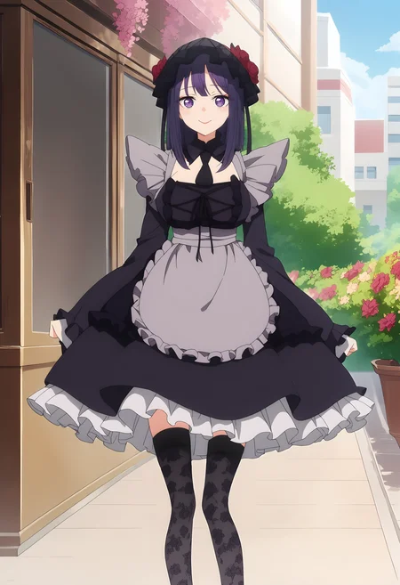 (score_9, score_8_up, score_7_up), (masterpiece, best quality, very aesthetic, ultra detailed, source anime, anime, intricate details), <lora:Sono Bisque Doll wa Koi wo Suru - Marin Kitagawa XL R1.1:0.8>, 1girl, solo, breasts, looking at viewer, smile, long sleeves, dress, thighhighs, purple eyes, purple hair, flower, frills, necktie, outdoors, black thighhighs, wide sleeves, black dress, apron, cosplay, bonnet, wig, standing,  kitagawa marin