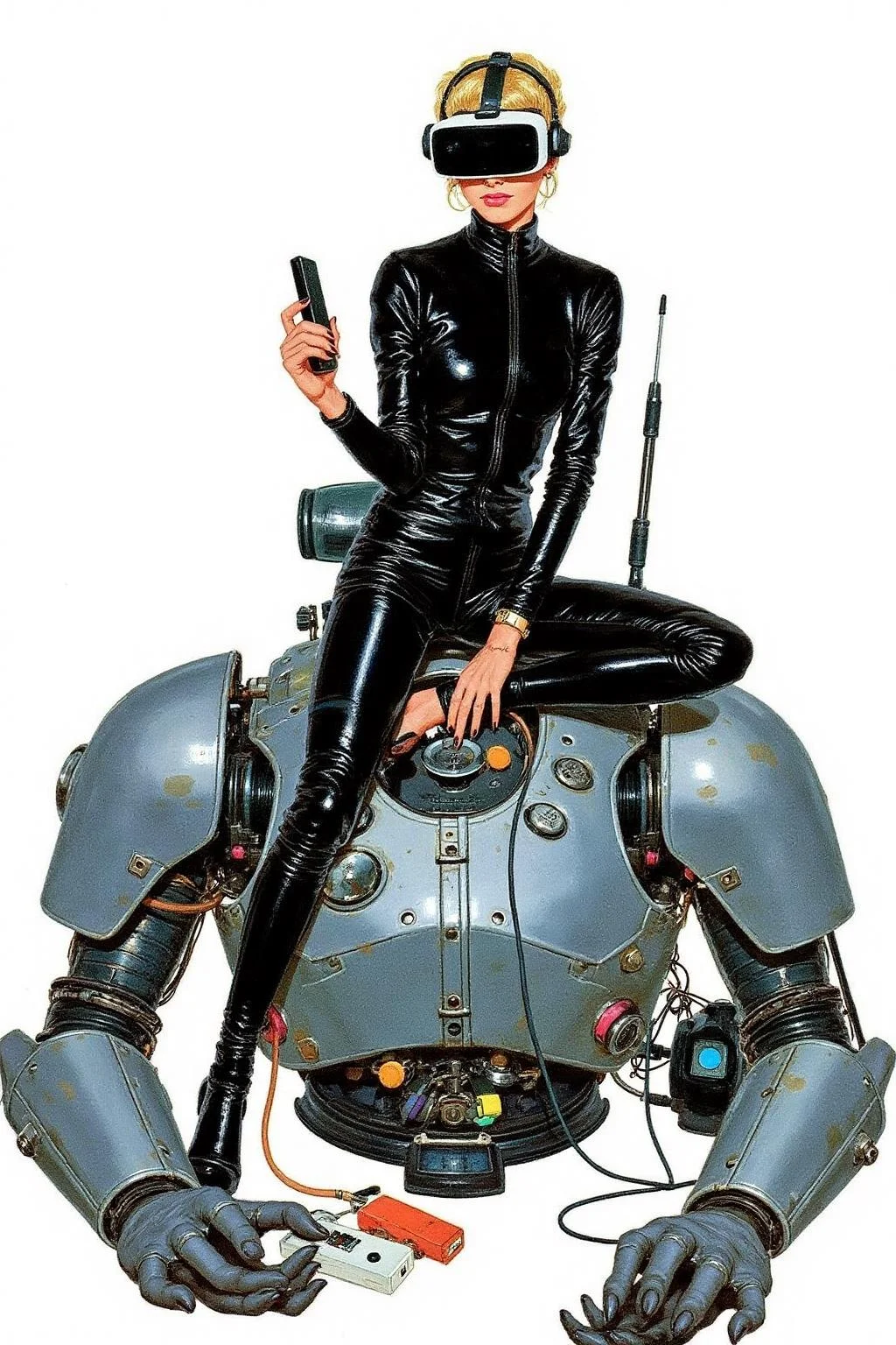 kard1 illustration.
A striking, futuristic scene depicts a woman dressed in sleek, form-fitting leather attire, sitting confidently atop an open power suit, inspired by the cyberpunk aesthetics of Masamune Shirow. The power suit, a blend of advanced technology and military-grade armor, features intricate mechanical details, exposed wiring, and a robust, yet streamlined design. The woman, wearing a cutting-edge VR headset, exudes a sense of control and mastery over the machine beneath her. Her posture is relaxed yet commanding, with one hand resting on the suit's metallic surface and the other casually holding a piece of advanced tech. <lora:kard1_cap_d6a3:1.0><lora:816557438842016116:0>