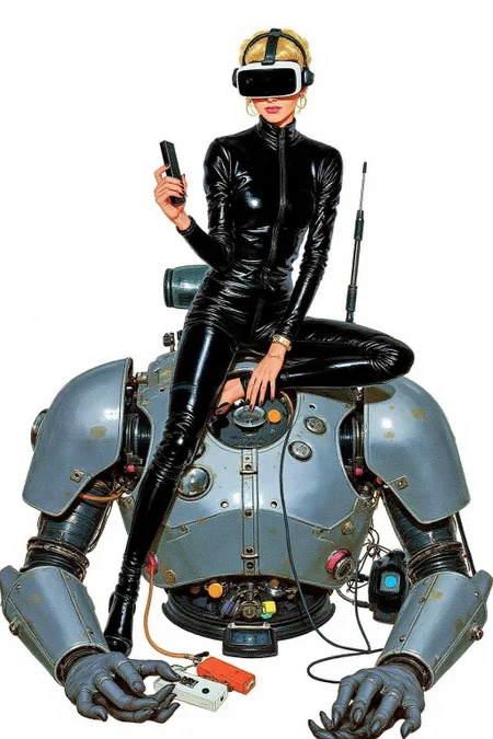 kard1 illustration.
A striking, futuristic scene depicts a woman dressed in sleek, form-fitting leather attire, sitting confidently atop an open power suit, inspired by the cyberpunk aesthetics of Masamune Shirow. The power suit, a blend of advanced technology and military-grade armor, features intricate mechanical details, exposed wiring, and a robust, yet streamlined design. The woman, wearing a cutting-edge VR headset, exudes a sense of control and mastery over the machine beneath her. Her posture is relaxed yet commanding, with one hand resting on the suit's metallic surface and the other casually holding a piece of advanced tech. <lora:kard1_cap_d6a3:1.0><lora:816557438842016116:0>